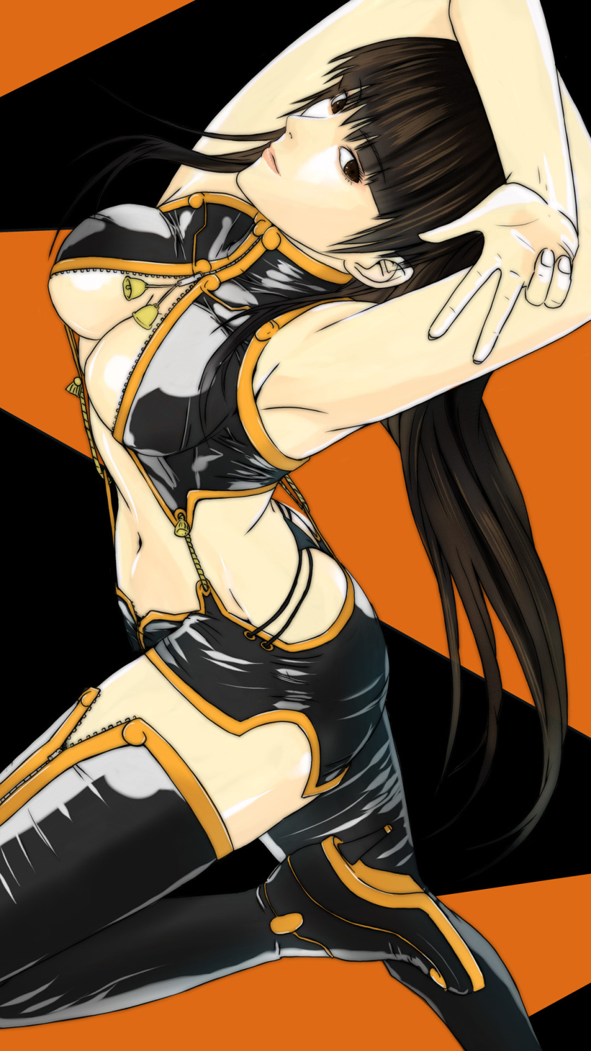 1girl alluring armpits arms_up bell black_footwear black_hair breasts brown_eyes center_opening dead_or_alive hair_down high_res lei_fang long_hair medium_breasts navel revealing_clothes simple_background smile tecmo tennessee999_(3324973) under_boob unzipped user_tggn7272_(3324973) w zipper
