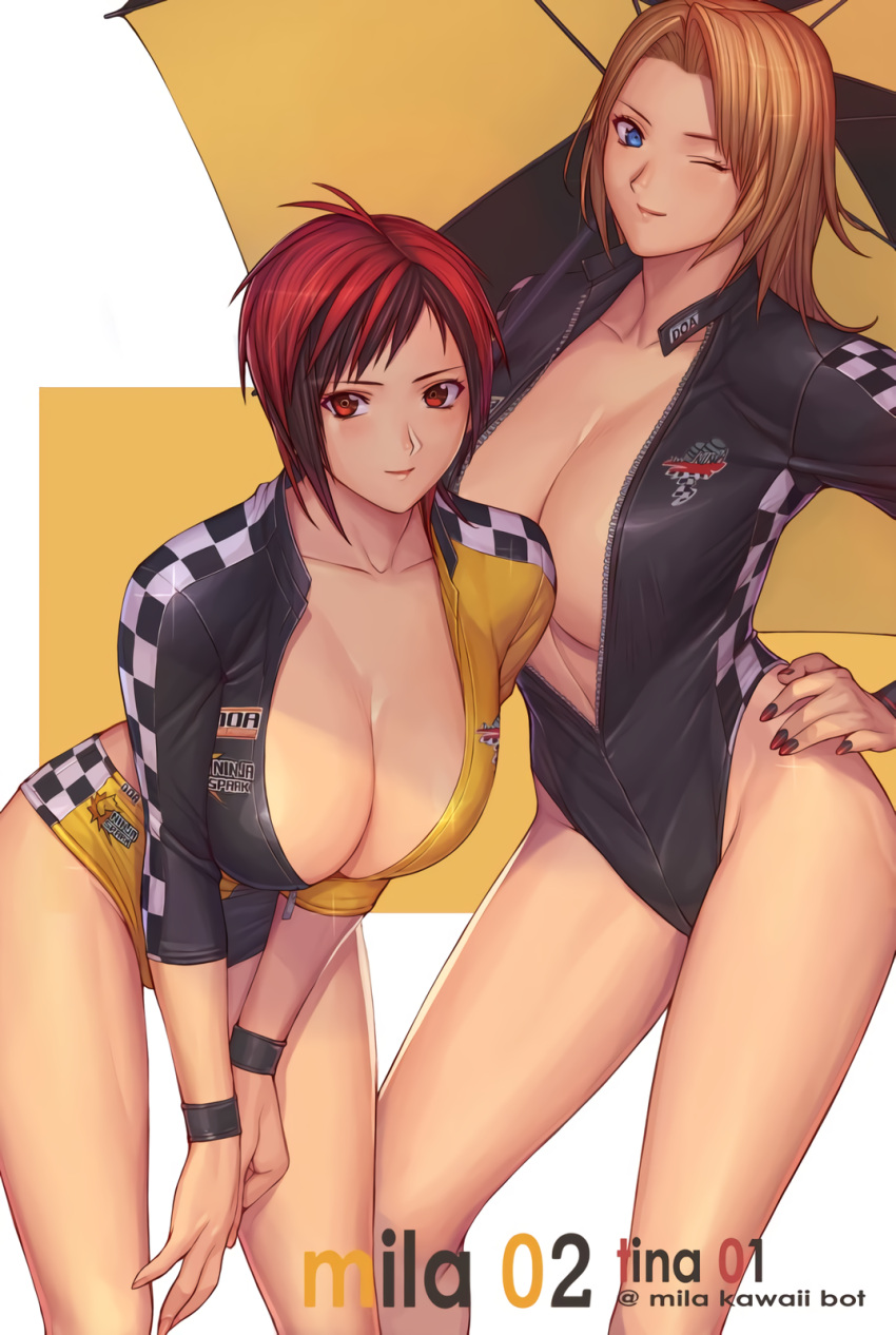 2_girls alluring big_breasts black_hair blonde_hair blue_eyes dead_or_alive hand_on_hip hazel_eyes ibanen leaning_forward leather_jacket long_hair mila_(doa) open_jacket red_hair seductive short_hair tecmo tina_armstrong umbrella voluptuous wink