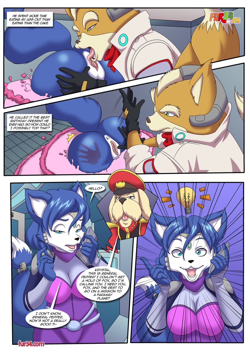 anus ass bbmbbf birthday_cake cake comic dialogue fox's_best_birthday_party_ever! fox_mccloud fur34 fur34* general_pepper krystal licking_pussy palcomix pussy pussylicking slap star_fox