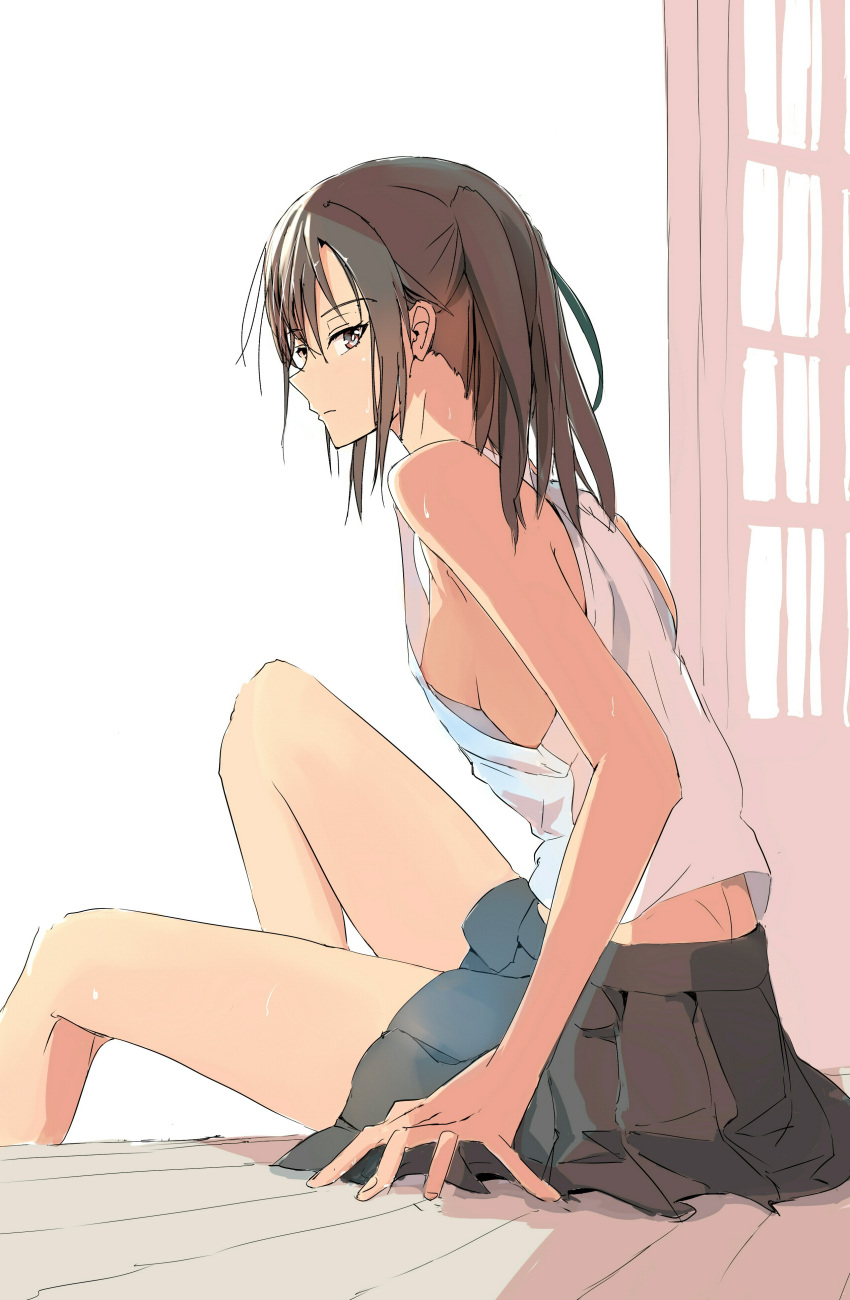 1girl 1girl 1girl bad_hands bangs black_skirt breasts brown_eyes brown_hair closed_mouth high_resolution kantai_collection looking_at_viewer nipple_slip nipples pleated_skirt sendai_(kantai_collection) shirt sidelocks simple_background sitting skirt small_breasts sweat t.k.o tank_top two_side_up very_high_resolution white_background white_shirt white_tank_top