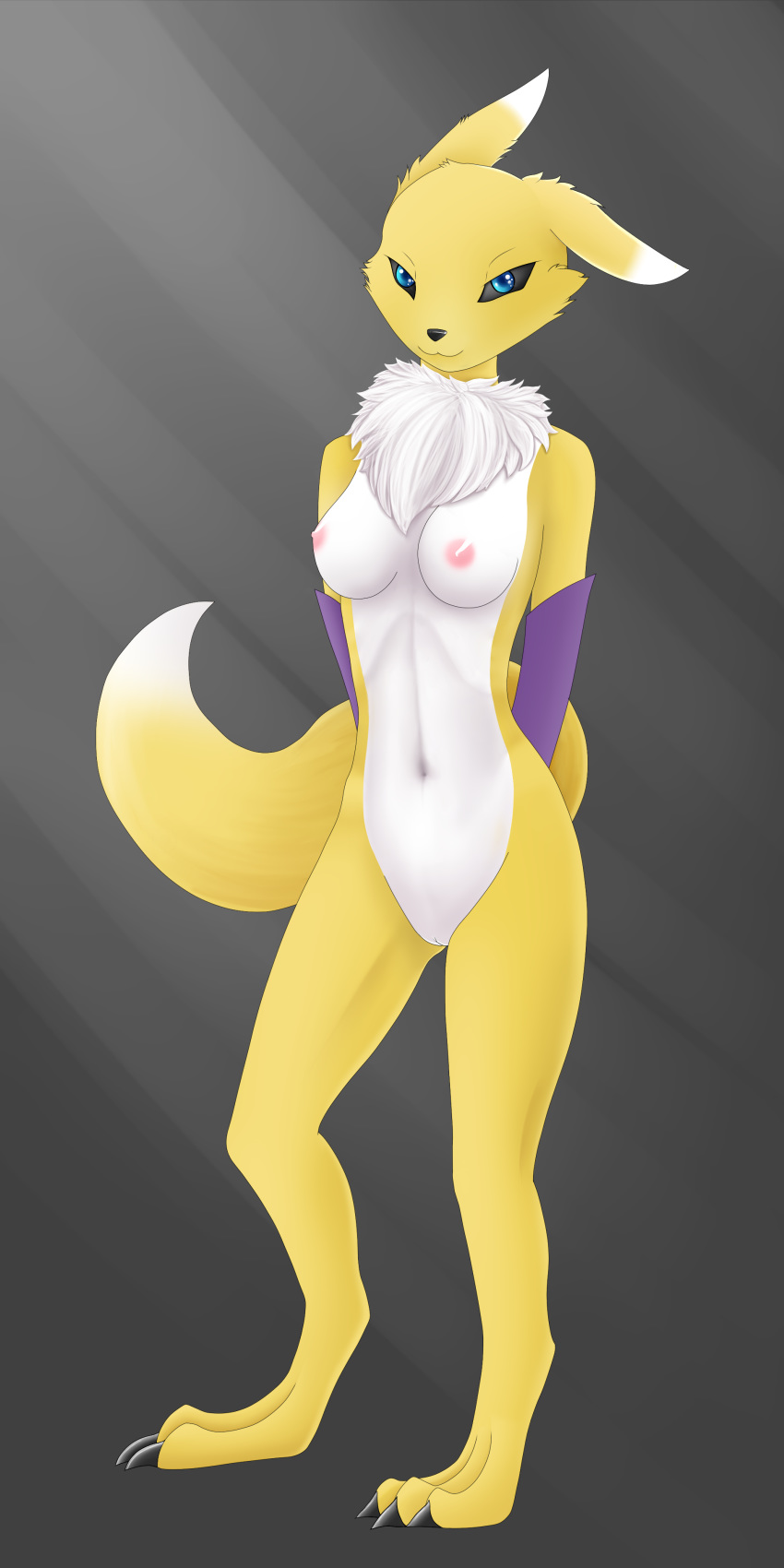 1_female 1_girl 3_toes absurd_res anthro anthro_canine anthro_fox anthro_vixen blue_eyes breasts canine detached_sleeves digimon female female_anthro female_anthro_fox female_renamon fox fur furry grey_background high_res looking_at_viewer mostly_nude navel nipples nude pussy renamon simple_background smile solo standing toei_animation vixen white_fur yellow_fur