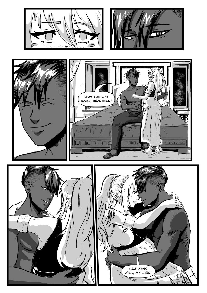 absurd_res almost_kiss arms_around_neck arms_around_waist bed bedroom black_and_white black_and_white_dress black_hair blood_bond blush closed_eyes colored_skin comic comic_page dark-skinned_male dark_hair dark_skin dress greek_mythology happy high_res interracial long_hair looking_at_another manga manga_page monochrome mulitcoloured_hair muscular muscular_male on_bed pregnant short_hair sitting sitting_on_bed sitting_on_lap sitting_on_person smile titan_greek_mythology topless topless_male typhon typhon_titan white_hair white_skin