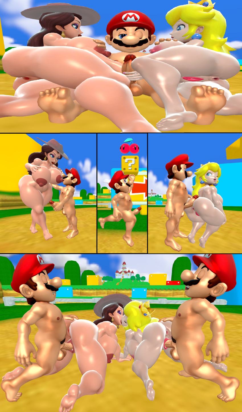 1boy 1girl 2_girls 2boys ass bare_feet barefoot big_breasts breasts comic doggy_position double_cherry feet female/female foursome from_behind hand_on_ass hetero human kissing large_ass looking_pleasured lucky_guy male male/female male_penetrating mario multiple_girls mxp1985 nintendo nude outside pauline penis pleasure_face princess_peach pussy sex sharing super_mario_bros. super_mario_odyssey threesome vaginal vaginal_sex