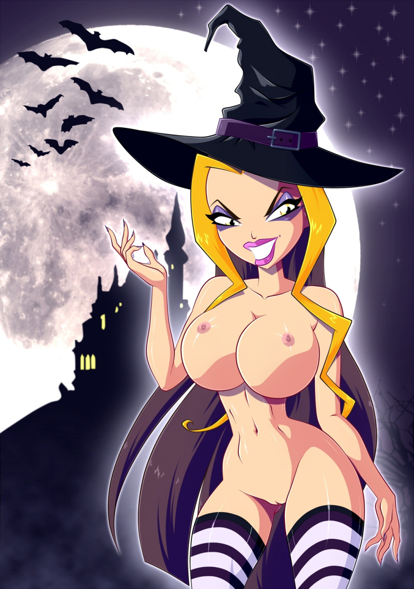 1girl bat big_breasts breasts castle darcy darcy_(winx_club) female_only halloween halloween_costume huge_breasts moon night nude pussy small_nipples winx_club witch_hat zfive