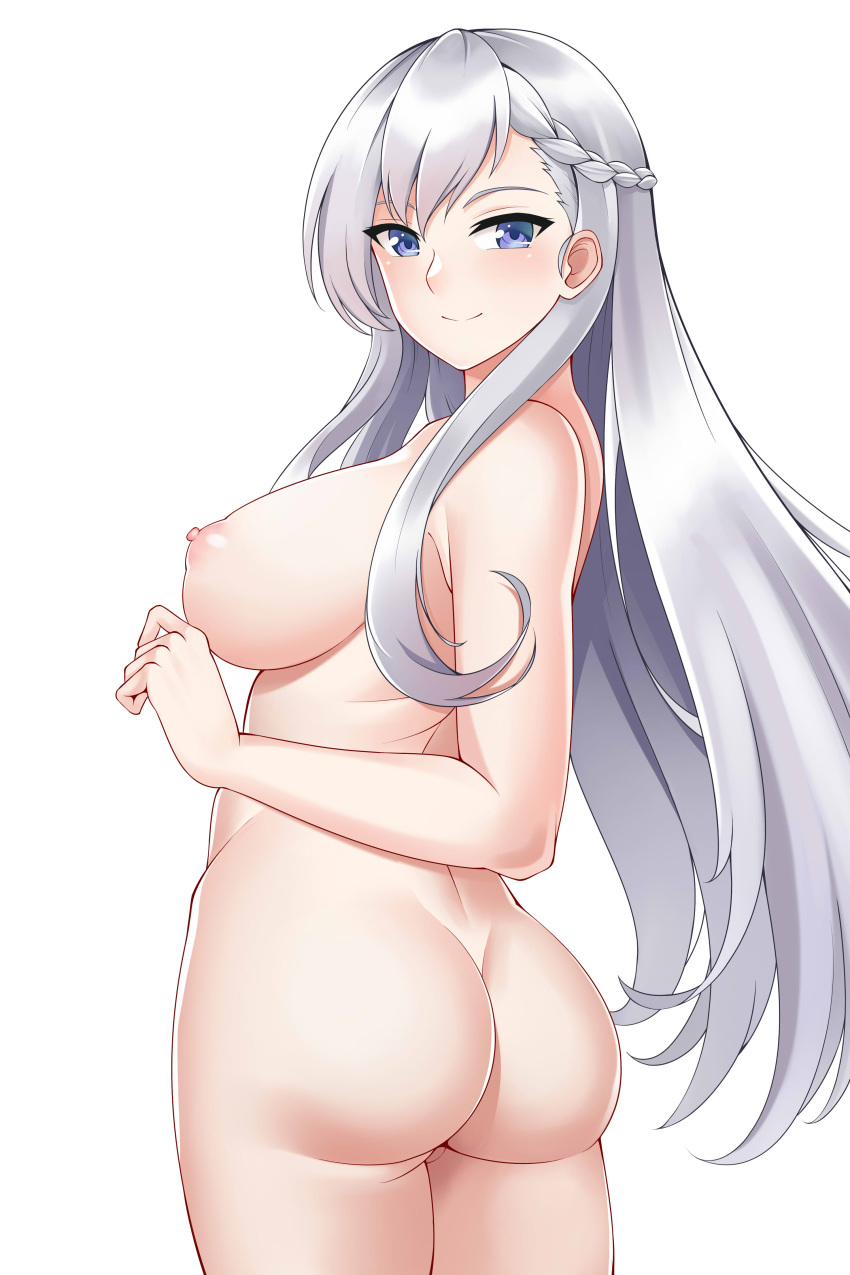 1girl aslind_samure ass azur_lane bangs belfast_(azur_lane) big_breasts blue_eyes blush braid breasts closed_mouth cowboy_shot eyebrows_visible_through_hair french_braid high_resolution long_hair looking_at_viewer nipples nude silver_hair simple_background smile tied_hair twisted_torso very_high_resolution white_background