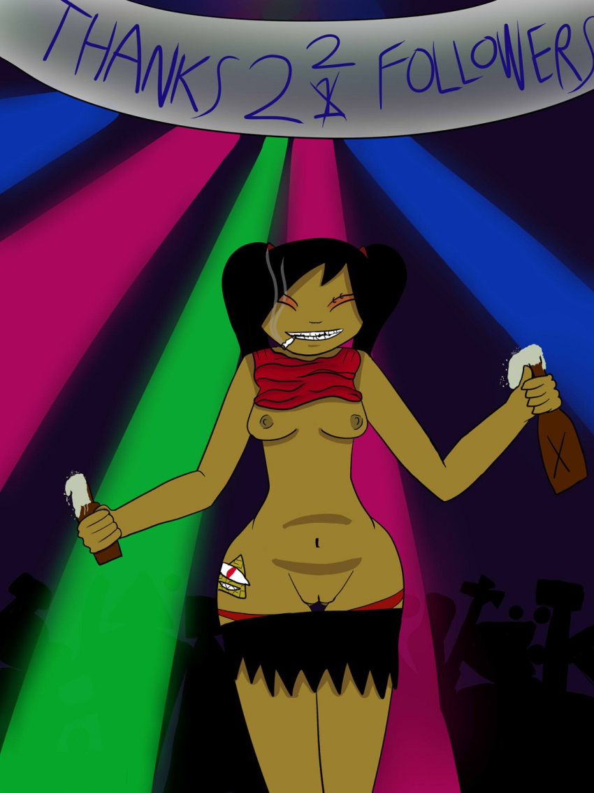 beer black_hair breasts chubby closed_eyes clothed dark_skin eye_shadow female flash jackalope17 makeup medium_breasts nipples party piercing pig_tails plump public rave skirt slut smile smoking solo tattoo teeth thick_thighs thigh_gap twin_tails wide_hips