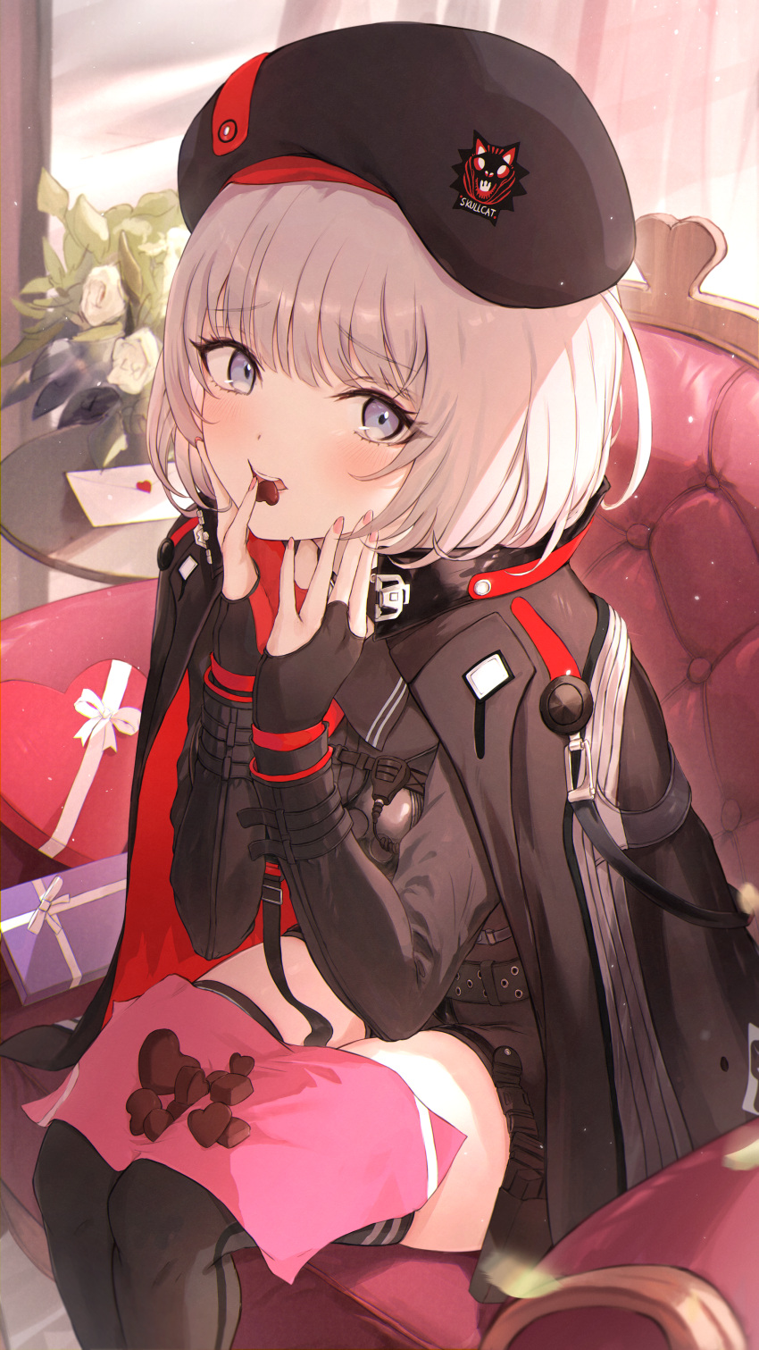 1boy 1girl absurd_res black_gloves black_hat black_thighhighs blush candy chocolate chocolate_heart fingerless_gloves food food_in_mouth gloves goddess_of_victory:_nikke grey_eyes grey_hair hat heart high_res indoors long_sleeves medium_hair military_uniform napkin on_chair open_mouth plant potted_plant sitting stockings teeth uniform valentine vesti_(nikke) yoyopipa