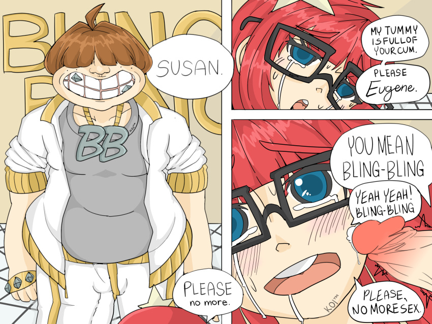 1_boy 1_girl 1boy 1girl bespectacled bling_bling_boy blue_eyes clothed clothed_male comic crying crying_with_eyes_open erection female glasses imminent_oral johnny_test male male/female penis questionable_consent rectangular_eyewear red_hair redhead susan_test tears