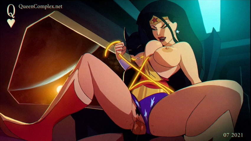 1boy 1girl 2d adult batman batman_(series) big_breasts black_hair bondage boots bouncing_breasts bound bracer breasts chair clothed_sex clothing_aside color dc_comics dcau earrings exposed_breasts exposed_pussy female_pubic_hair femdom frame_by_frame gagged gif girl_on_top jewelry justice_league leotard leotard_aside loop looping_animation mask nipples one_breast_out penis pubic_hair pussy queencomplex reverse_cowgirl_position reverse_upright_straddle sex space star_(symbol) star_earrings straight tiara unaligned_breasts vaginal vaginal_penetration window wonder_woman wonder_woman_(series)