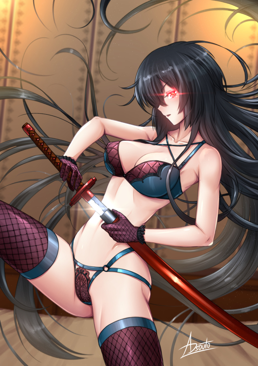 1girl 1girl adsouto akame_(akame_ga_kill!) akame_ga_kill! alluring big_breasts black_hair bra breasts cleavage collarbone criss-cross_halter floating_hair gloves glowing glowing_eye grey_bra hair_over_one_eye halterneck high_res holding holding_sheath holding_sword holding_weapon katana long_hair open_mouth panties red_eyes red_gloves red_panties red_thighhighs sheath shiny shiny_hair signature stockings sword underwear underwear_only unsheathing very_long_hair weapon
