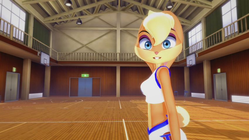 16:9_aspect_ratio 1girl 1girl 1girl 1girl animal_ears animal_tail belly blue_eyes bunny bunny_ears bunny_tail clothed female_focus gym lola_bunny looking_at_viewer medium_breasts open_eyes open_mouth sharp_teeth solo_focus space_jam space_jam:_a_new_legacy sports_bra sportswear standing