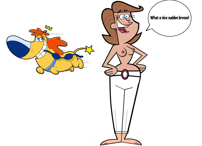 1girl assisted_exposure breasts dog english_text mrs._turner sparky_(fop) speech_bubble text the_fairly_oddparents timmy's_mom topless topless_female transparent_background