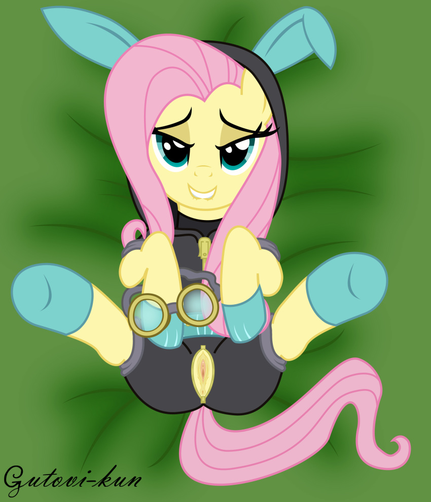 animal_ears bodysuit clothing equine eyewear female feral fluttershy fluttershy_(mlp) friendship_is_magic fur goggles gutovi-kun hair horse long_hair looking_at_viewer lying my_little_pony on_back open_mouth pegasus pink_hair pony pussy rabbit_ears seductive skinsuit smile solo spread_legs spreading stockings wings