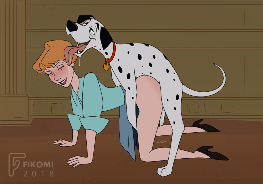 101_dalmatians 1_boy 1_girl 1boy 1girl 2018 all_fours animal anita_radcliffe beastiality bent_over blush closed_eyes clothed clothed_female dalmatian disney dog dog_collar doggy_position doggystyle female_human female_human/dog female_human/male_dog fikomi from_behind high_heels human implied_sex legs male/female male_dog on_all_fours pongo skirt skirt_lift