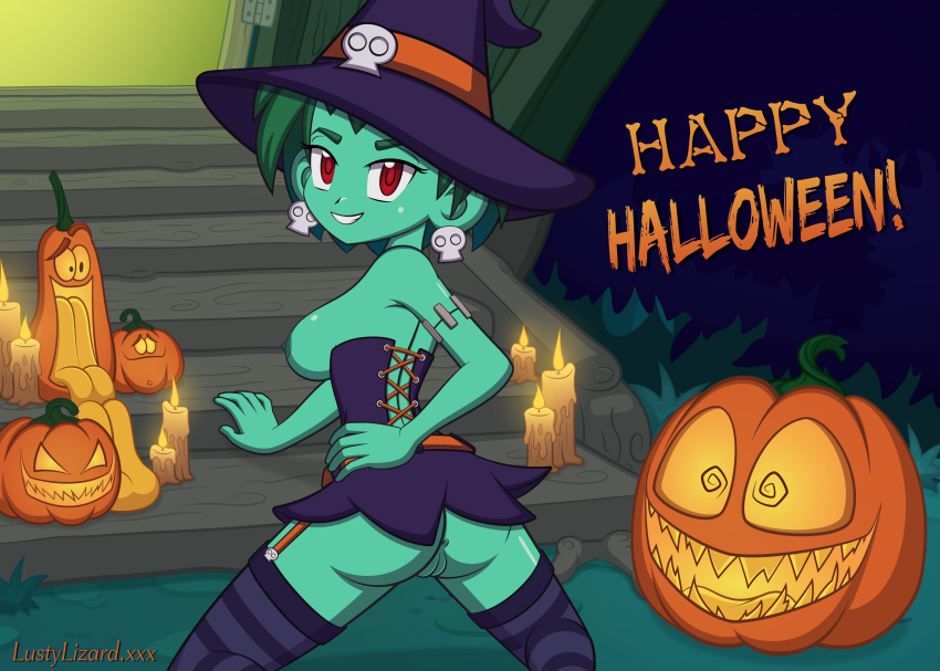 1girl 1girl breasts female_only green_skin halloween halloween_costume hand_on_hip high_res jack-o'-lantern looking_at_viewer lustylizard nipples pussy pussy red_eyes rottytops shantae smile witch witch_hat zombie