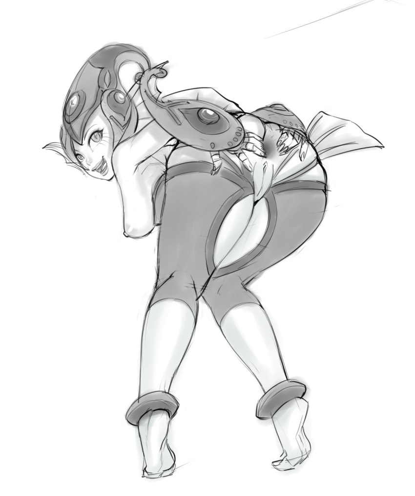 1girl anus ass bent_over breasts detached_leggings digimon digimon_frontier fingerless_gloves fins fish_girl gaping gloves helmet highres knees_together_feet_apart large_breasts legoman lips lm_(legoman) looking_back monochrome monster_girl nipples pussy ranamon sideboob sketch slit_pupils solo spread_anus spread_ass tiptoes uncensored