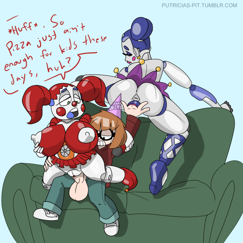 1boy 1girl 2_girls animatronic ass ballerina ballora big_breasts circus_baby clothed_sex clown couch dialogue english_text fingering five_nights_at_freddy's human humanoid looking_back male male_human/female_humanoid male_human/female_robot penetration penis putricia robot sex simple_background sister_location text threesome twin_tails vaginal_penetration