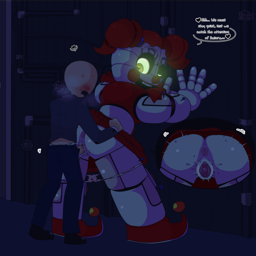 &lt;3 &lt;3_eyes 1boy 1girl 2018 against_wall animatronic anus ass bald blush circus_baby clothed clothed_sex eggshoppe five_nights_at_freddy's heart-shaped_pupils high_res interspecies larger_female looking_back male panties panties_around_legs penetration pussy robot robot_girl sex shirukawaboulevard sister_location size_difference skirt smaller_male sweat talking_to_another text vaginal vaginal_penetration