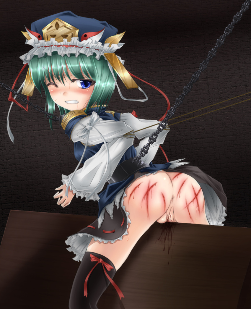 1girl bdsm bondage chain chains collar eiki_shiki green_hair guro hat high_res injury leash looking_back no_panties pain predicament_bondage pussy pussy_juice shimo_(depthbomb) stockings tears tied_up torture touhou whip_marks wince wooden_horse