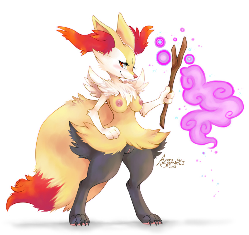 2013 anthro areola aurora-sparkle barefoot black_fur blush braixen breasts canine claws digitigrade female fennec fox fur looking_at_viewer magic nintendo nipples nude plain_background pokemon pussy red_eyes simple_background smile solo standing stick video_games white_background white_fur wide_hips