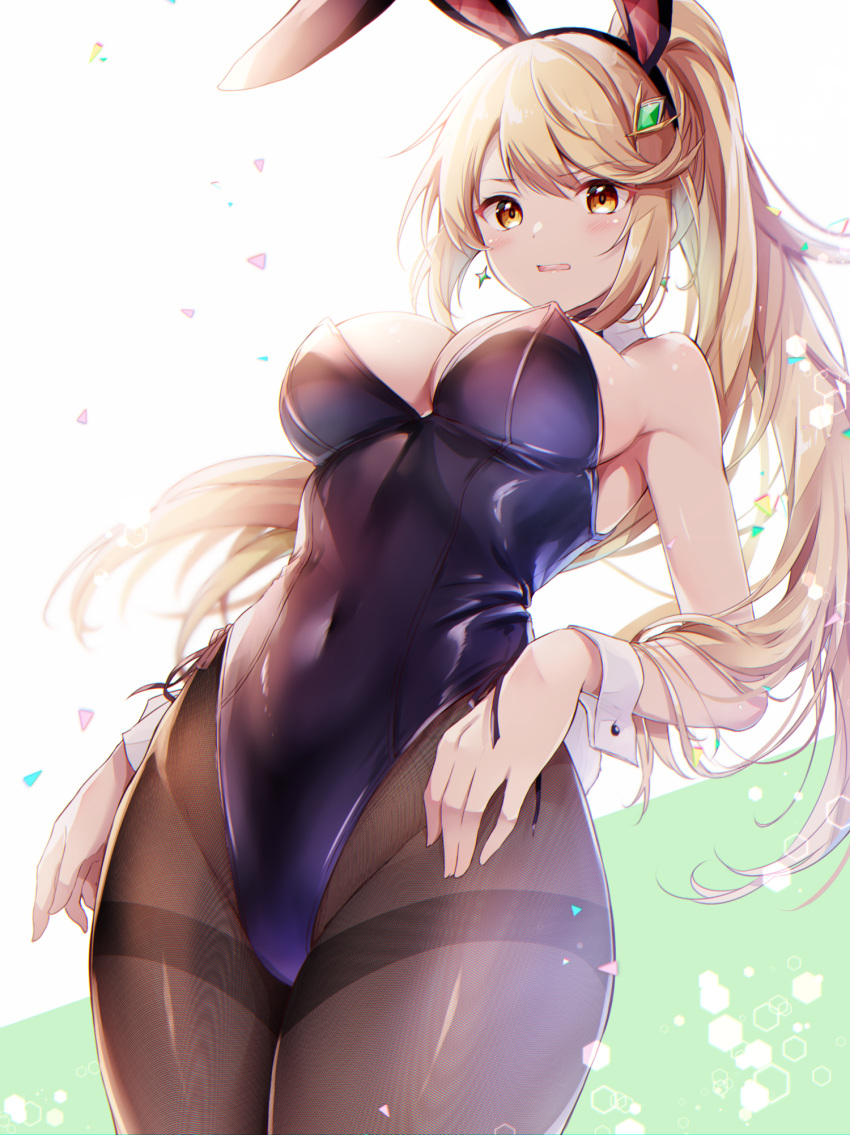 1girl alluring alternate_costume animal_ears bare_shoulders big_breasts black_leotard black_pantyhose blonde_hair blush bunnysuit cleavage covered_navel detached_collar earrings fake_animal_ears hair_ornament high_res highleg highleg_leotard jewelry leotard long_hair looking_at_viewer mythra nintendo pantyhose playboy_bunny ponytail rabbit_ears simple_background strapless strapless_leotard ui_frara white_background wrist_cuffs xenoblade_(series) xenoblade_chronicles_2 yellow_eyes
