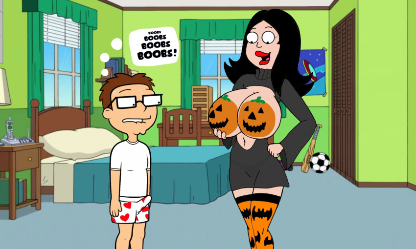 american_dad bats big_breasts black_hair boner erection francine_smith halloween halloween_costume mother_&amp;_son outfit painted_breasts pumpkin pumpkin_breasts red_lipstick steve_smith thighhighs