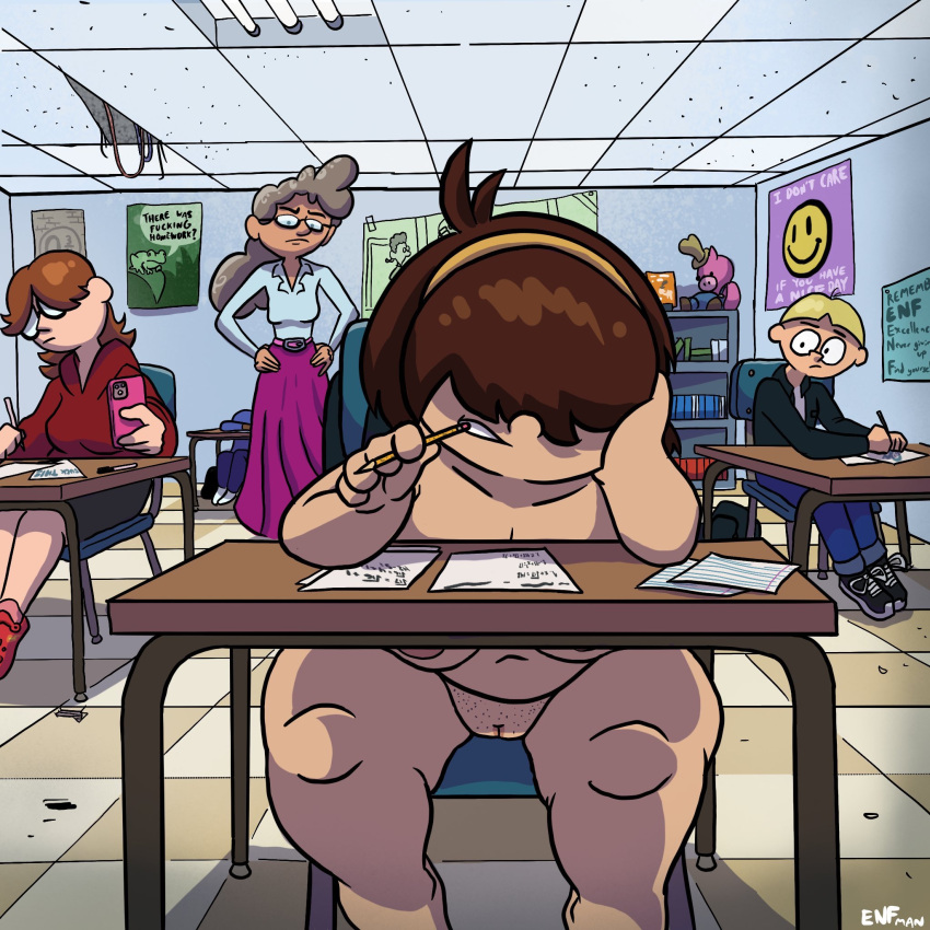 1boy 3_girls big_breasts blonde_hair breasts brown_hair cellphone classroom embarrassed embarrassed_nude_female embarrassing enf enfman glasses nude nude nude_female oc original_character pussy shortstack smartphone teacher unnoticed