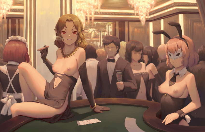 1boy 1girl 5girls animal_ears bangs bare_shoulders bigrbear black_dress black_gloves black_hair black_hair_ornament black_hairband black_neckwear black_skirt blackjack blackjack_table bracelet breasts brown_hair bunny_ears bunnysuit card casino chandelier cigar crowd cup detached_collar dress drinking_glass elbow_gloves elf faceless faceless_female faceless_male fake_animal_ears fake_tail forehead formal gloves hairband high-waist_skirt high_resolution holding holding_cup indoors jewelry long_sleeves maid male mask medium_breasts multiple_girls navel_cutout neck_tie nipples original parted_bangs parted_lips pelvic_curtain playing_cards pointed_ears red_eyes sitting skirt smile smoke smoking suit tail topless wrist_cuffs