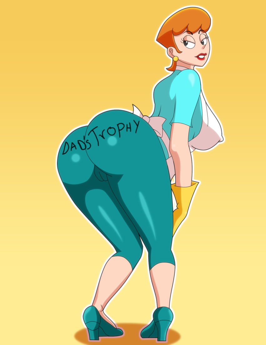1girl apron ass ass_text big_breasts black_eyes breasts cameltoe dad's_trophy dexter's_laboratory dexter's_mom english_text female_only hair huge_breasts large_ass looking_back milf pervyangel red_hair round_ass solo solo_female text