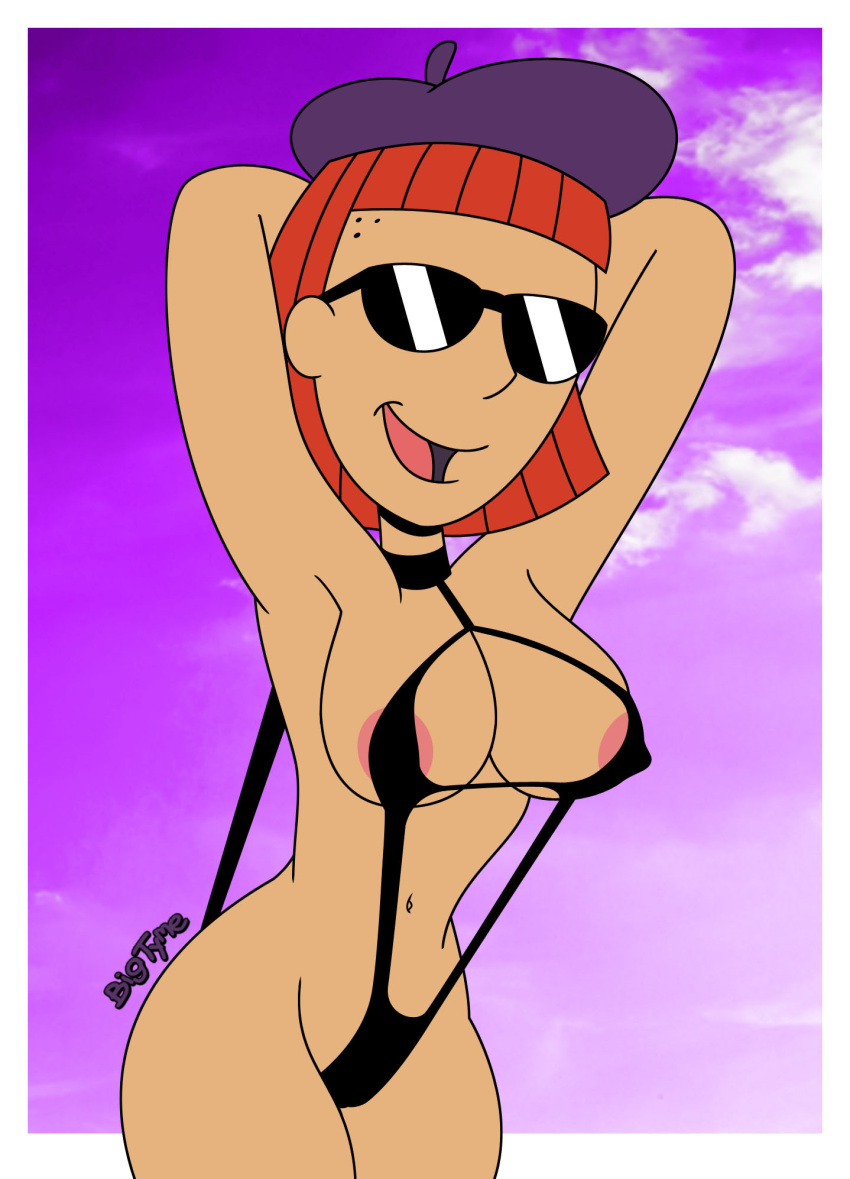 1girl 1girl arms_behind_head beret bigtyme breasts doug judy_funnie looking_at_viewer open_mouth partially_nude seductive string_bikini sunglasses teasing