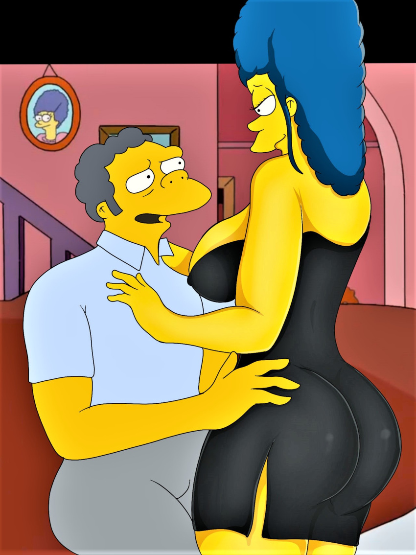 ass big_breasts blue_hair cheating hair_down marge_simpson moe_szyslak simpsmods the_simpsons thighs yellow_skin