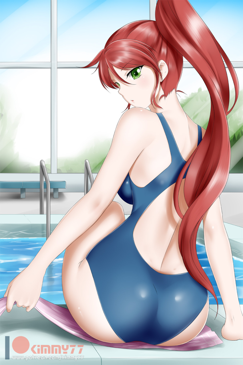 1girl 1girl alluring ass bare_shoulders blue_swimsuit breasts butt_crack competition_swimsuit from_behind green_eyes hair_between_eyes high_res hip_focus indoors kimmy77 long_hair looking_at_viewer looking_back medium_breasts one-piece_swimsuit parted_lips ponytail pool poolside pyrrha_nikos red_hair rwby shiny shiny_hair shiny_skin swimming_pool swimsuit towel very_long_hair water