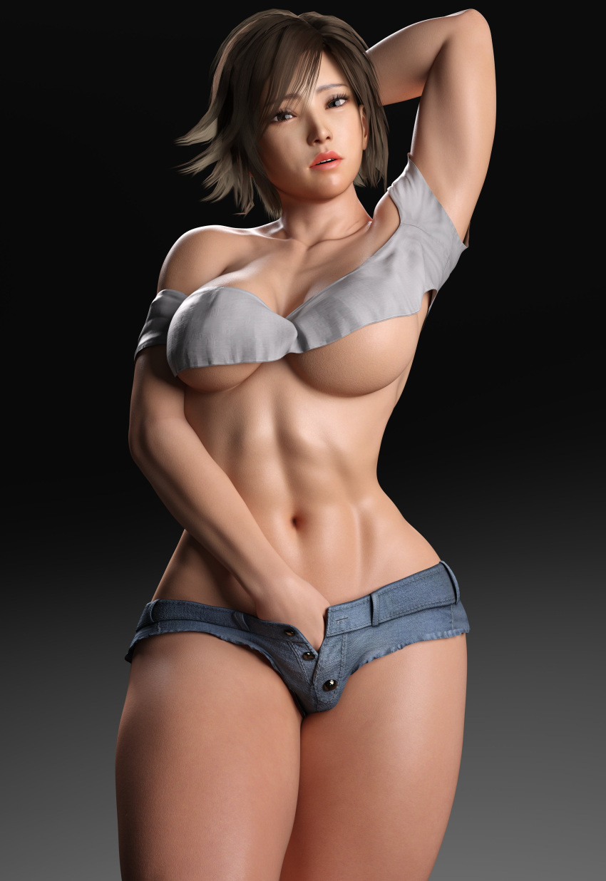 1girl 3d abs asian asian_female athletic_female big_breasts brown_eyes female_abs female_masturbation female_only fit_female fully_clothed gcb hand_in_pants horny horny_female kazama_asuka light-skinned_female light_skin medium_hair namco short_shorts shorts solo_female tekken tekken_5_dark_resurrection tekken_7 tekken_8 tekken_tag_tournament_2 thick_ass thick_thighs under_boob