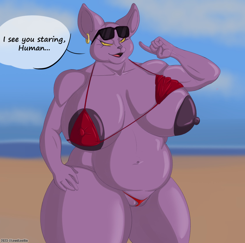 1girl 1girl anthro areola beach belly big_areola big_belly big_breasts big_nipples bikini breasts champa chubby_female clothed clothing digital_media_(artwork) domestic_cat dragon_ball dragon_ball_super ear_piercing earring eyelashes eyewear eyewear_on_head felid feline felis female_champa genderswap genitals hairless hairless_cat high_res huge_breasts ineffective_swimwear klr-rio looking_at_viewer mammal navel nipples outside overweight piercing purple_body pussy raised_bikini raised_clothing raised_swimwear ring_piercing sand sea seaside simple_background sky smile speech_bubble sphynx_(cat) sunglasses sunglasses_on_head swimwear text thick_thighs water
