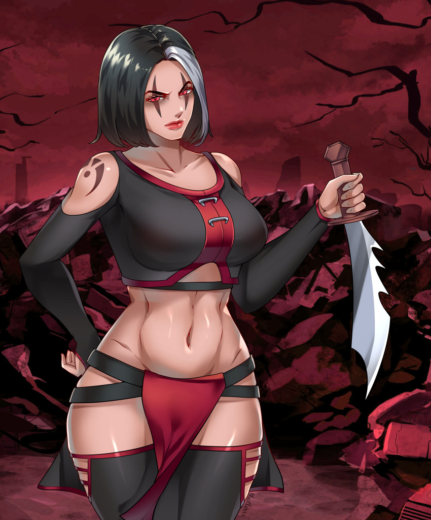 1girl 2d alluring athletic_female big_breasts big_thighs black_hair breasts dagger female_abs female_only fit_female knife midway_games mortal_kombat mortal_kombat_armageddon mortal_kombat_mythologies:_sub-zero mortal_kombat_x sareena solo_female solo_focus thighs thotlerrr toned toned_female weapon white_hair