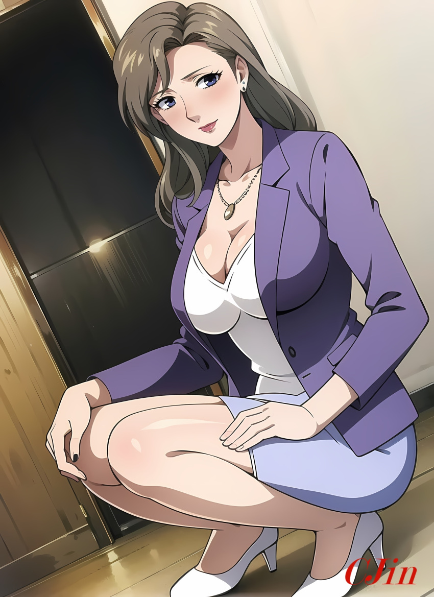 1_female 1girl ai_generated breasts business_suit chibo cjin feet female female_focus female_human female_only female_solo fujino_ninno heeled_shoes heels heels_only high_heels legs long_hair mature mature_female mature_woman milf mom mommy mother mother_knows_breast necklace shirt shoes skirt squat squatting tank_top