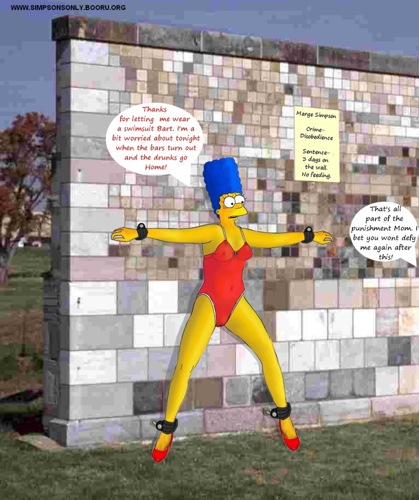 bart_simpson blue_hair cartoon_milf chained dialogue imminent_rape marge_simpson offscreen_character punishment swimsuit the_simpsons wall yellow_skin