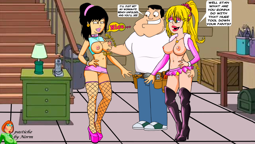 american_dad breasts erect_nipples erection_under_clothes fishnets francine_smith gwen_ling high_heels shaved_pussy squeezing_breast squeezing_butt stockings thigh_high_boots thighs