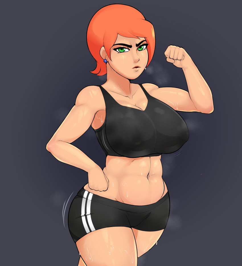 1girl 1girl ben_10 breasts cartoon_network cleavage fit fit_female g3mma green_eyes gwen_tennyson gym_clothes looking_at_viewer nipple_bulge open_mouth orange_hair short_hair simple_background solo_female sweat tagme voluptuous wide_hips