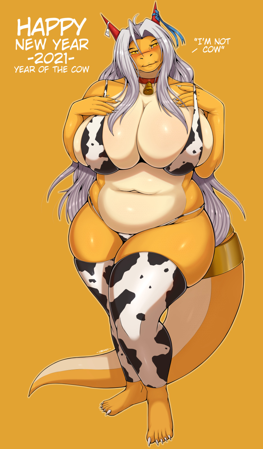 1girl 2021 aisyah_zaskia_harnny animal_print bell bell_collar big_breasts bikini blush breasts chinese_new_year chubby clothed clothing cow_bikini cow_print dragon ear_tag english_text female female_only full_body harnny horns legwear long_hair looking_away looking_up micro_bikini navel new_year red_horns ribbon ring simple_background solo tag tail text thong white_hair year_of_the_cow yellow_background yellow_body yellow_skin