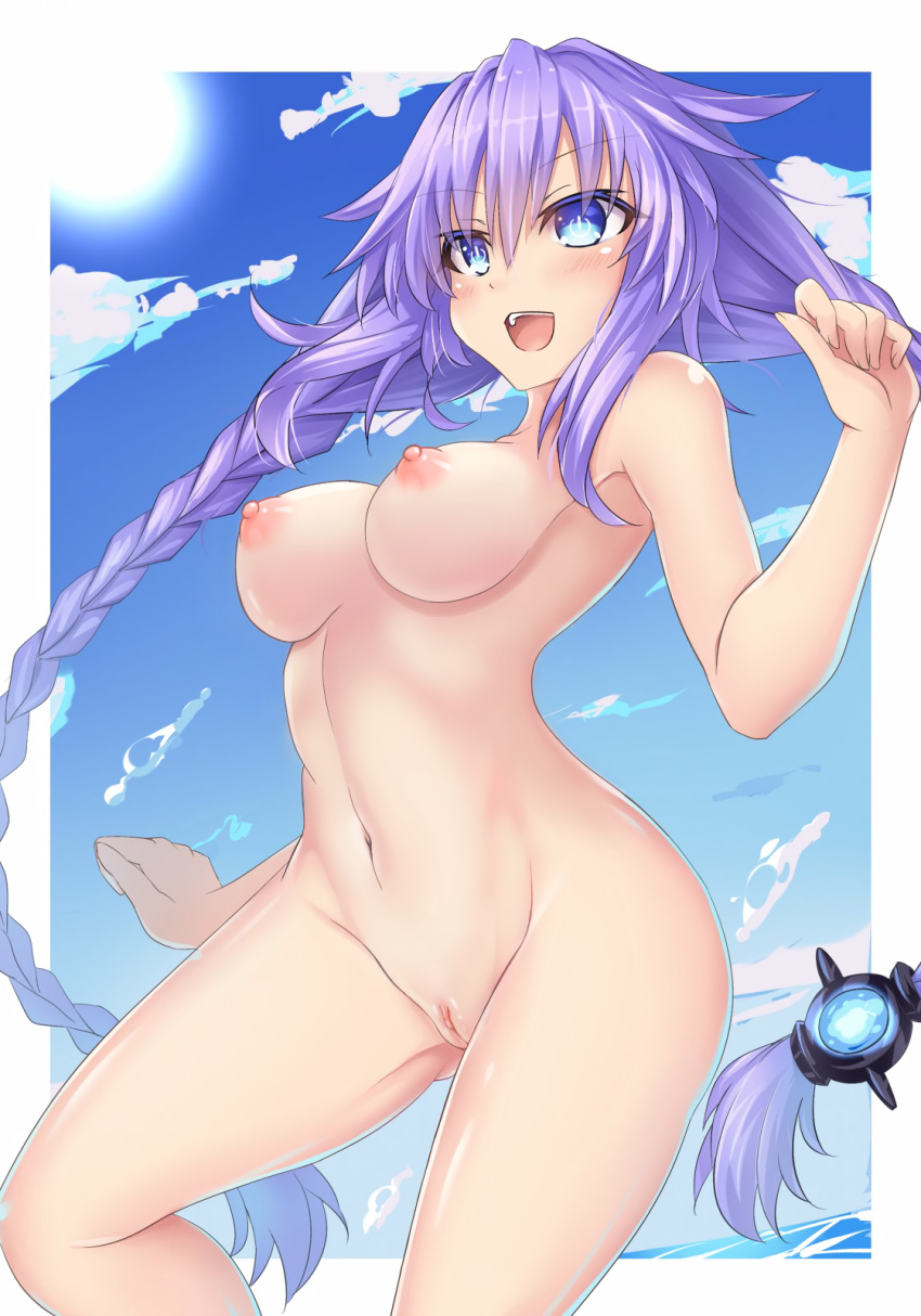 1girl 1girl areola bare_arms bare_shoulders blush braid breasts clitoris completely_nude completely_nude_female erect_nipples high_resolution hip_focus kazuneko_(wktk1024) long_hair medium_breasts navel neptunia_(series) nipples nude nude_female nude_filter open_mouth purple_eyes purple_hair purple_heart pussy smile symbol-shaped_pupils third-party_edit tied_hair twin_braids very_long_hair