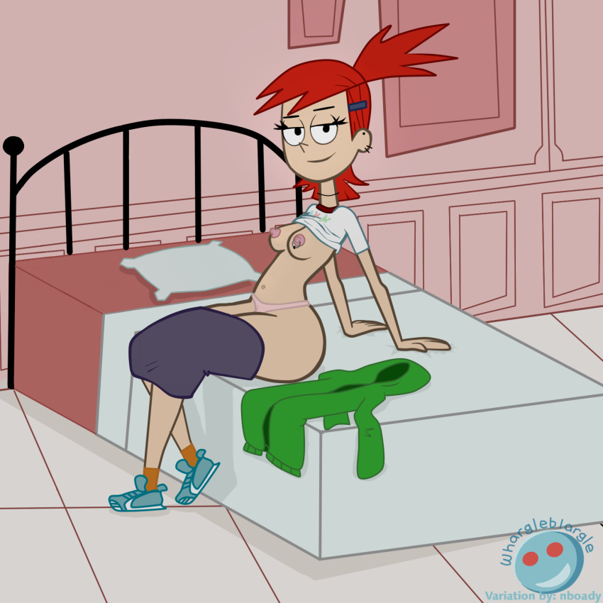 bed breasts foster's_home_for_imaginary_friends frankie_foster nipple_piercing panties shirt_lift skirt_down smile whargleblargle