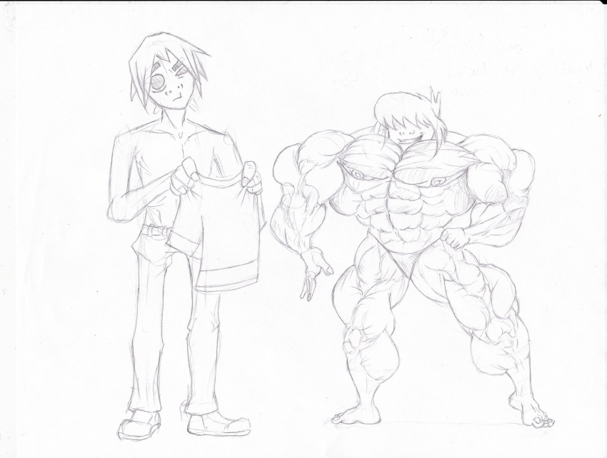 1boy 1girl 2d_(gorillaz) big_ass big_ass big_breasts bigger_female black_and_white breasts exposed_breasts gorillaz guitartist03 lineart muscle muscular muscular_female nipples noodle_(gorillaz) nude nude_female panties shirt shirtless smaller_male tagme