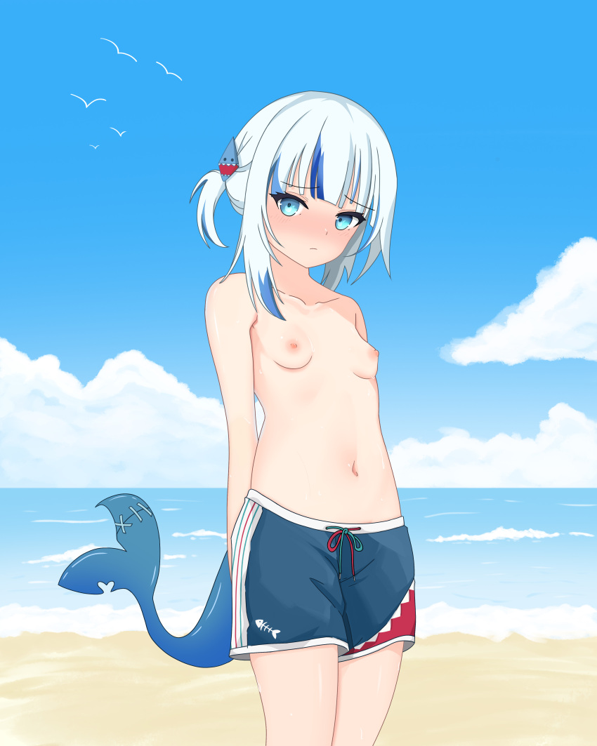 1girl amrb arms_behind_back bare_shoulders beach blue_eyes blue_shorts blue_sky blush breasts clavicle closed_mouth clothing cloud cowboy_shot crossdressing day embarrassed exhibitionism facing_viewer fish_tail gawr_gura gawr_gura_ch. high_resolution hololive hololive_english looking_at_viewer male_swimwear male_swimwear_challenge midriff navel nervous nipples nose_blush ocean outside pettanko public public_indecency public_nudity sand shark_girl shark_tail shore shorts shy sky small_breasts standing stomach summer sweat sweatdrop swimming_trunks swimsuit tail thighs tomboy topless very_high_resolution virtual_youtuber water water_drop