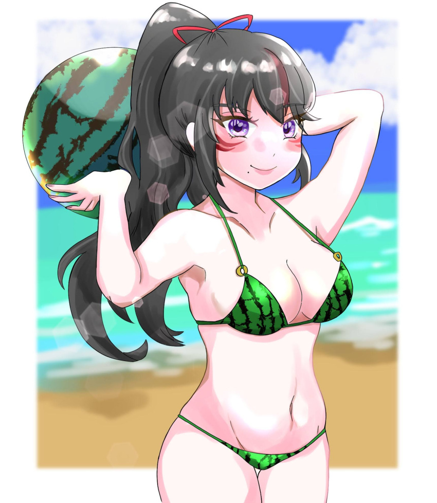 1girl alluring beach bikini black_and_red_and_purple_hair insanely_hot kitsune_marks kunimitsu_ii kunoichi lavender_eyes namco ponytail tekken tekken_7 tofu_(artist) watermelon watermelon_bikini
