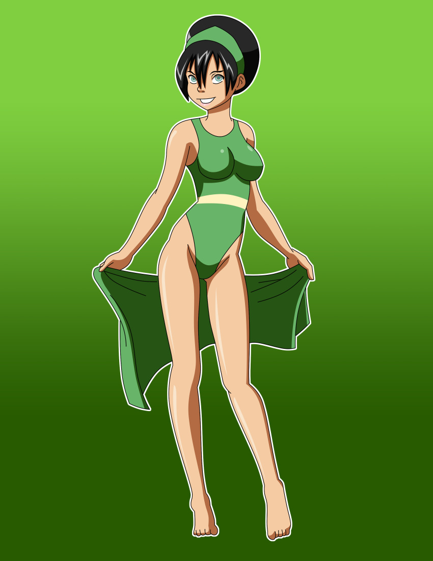 1girl avatar:_the_last_airbender big_breasts black_hair breasts female_only headband one-piece_swimsuit pervyangel solo solo_female swimsuit toph_bei_fong