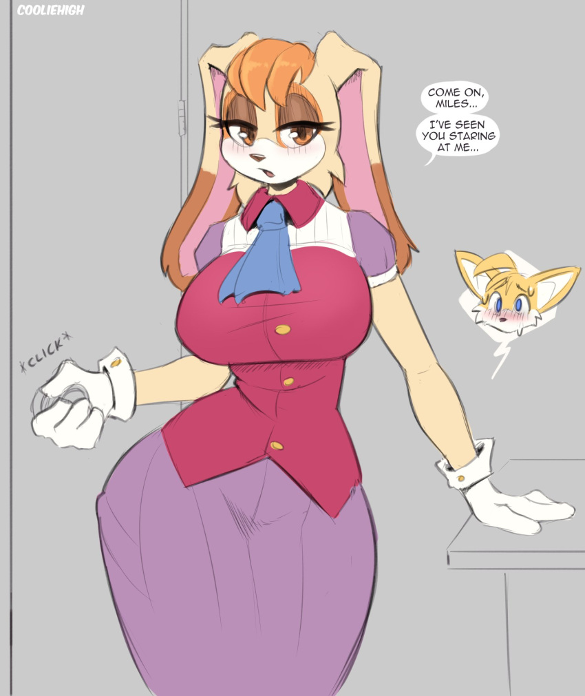 1girl 1girl 2022 anthro big_breasts blue_eyes blush breasts brown_eyes brown_eyeshadow brown_nose canine canine_humanoid closing_door clothed clothed_female cooliehigh digital_media_(artwork) fox furry furry_female furry_male furry_only gloves hair inside lagomorph lagomorph_humanoid locking_door male mammal mammal_humanoid mature_female miles_"tails"_prower milf no_humans open_mouth orange_hair rabbit rabbit_humanoid sega sonic_the_hedgehog_(series) speech_bubble standing sweat table tan_body text thick_thighs vanilla_the_rabbit white_gloves white_sclera
