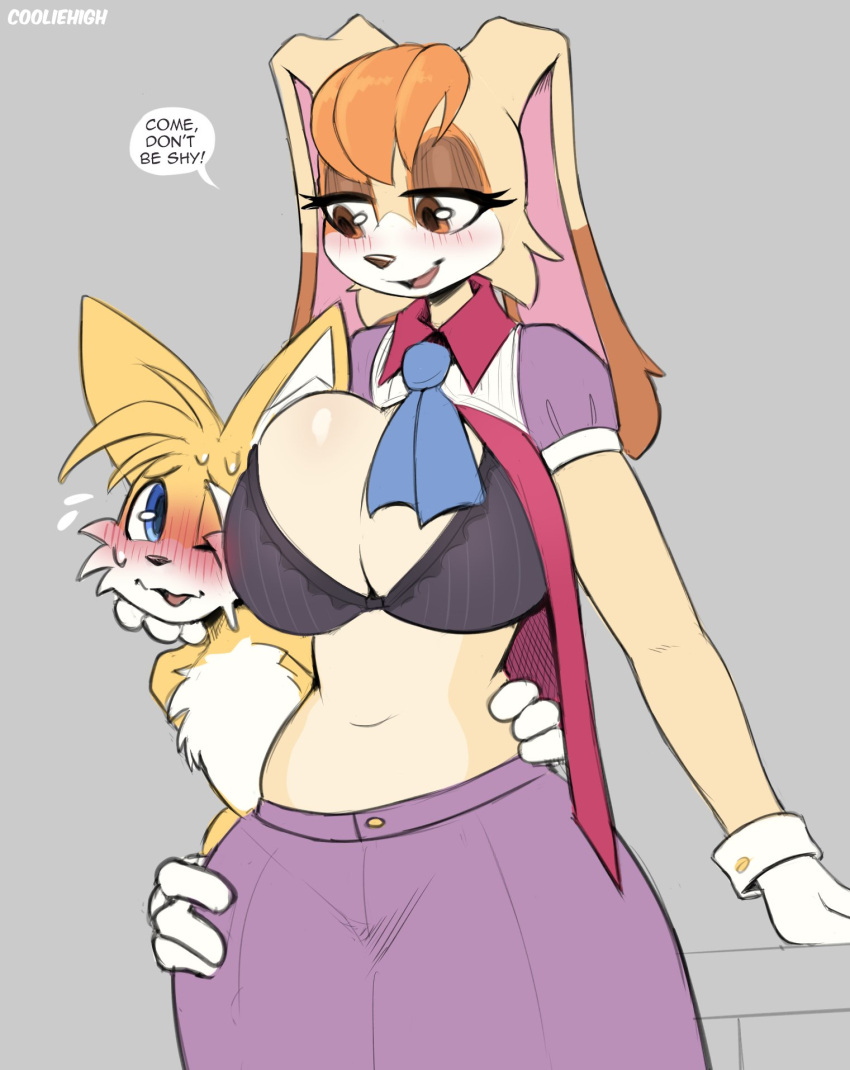 1boy 1girl 2022 anthro big_breasts black_bra black_nose blue_eyes blush bra breasts brown_eyes brown_eyeshadow canine canine_humanoid chest_tuft cleavage clothed clothed_female cooliehigh digital_media_(artwork) fox furry furry_female furry_male furry_only gloves hair inside lagomorph lagomorph_humanoid lingerie looking_at_another looking_at_partner male mammal mammal_humanoid mature_female miles_"tails"_prower milf navel no_humans open_mouth orange_hair rabbit rabbit_humanoid sega shy size_difference sonic_the_hedgehog_(series) speech_bubble standing sweat table tan_body text thick_thighs tuft two_tone_body vanilla_the_rabbit white_gloves white_sclera
