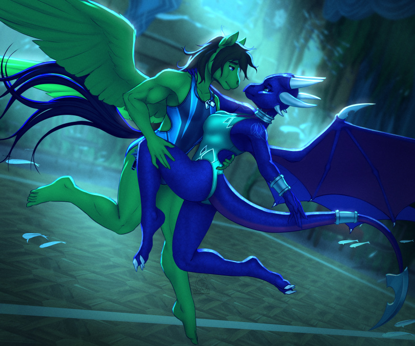 1boy 1girl 2023 6:5 absurd_res ambient_fish ambient_sealife anthro breasts canon_x_oc clothing collarbone cutie_mark cynder dancing delta_hooves dog_tags dragon duo equid equine eyebrows eyelashes fan_character feathered_wings feathers feet female fish friendship_is_magic fur green_body green_fur high_res horn huge_filesize male mammal marine membrane_(anatomy) membranous_wings my_little_pony mykegreywolf one-piece_swimsuit pegasus plantigrade purple_body purple_scales scales scalie spyro_the_dragon swimwear the_legend_of_spyro underwater water wings