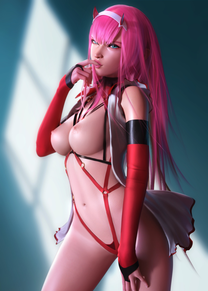 1girl 1girl 1girl 3d bangs bedroom_eyes big_breasts blue_eyes breasts darling_in_the_franxx erect_nipples eyeshadow female_only finger_in_mouth fingerless_gloves gloves hairband high_resolution lipstick long_hair looking_at_viewer makeup mascara nipples open_vest pink_hair pink_lips pink_lipstick pink_nipples pinup sevenbees sleeves suspenders very_high_resolution vest white_vest window zero_two_(darling_in_the_franxx)